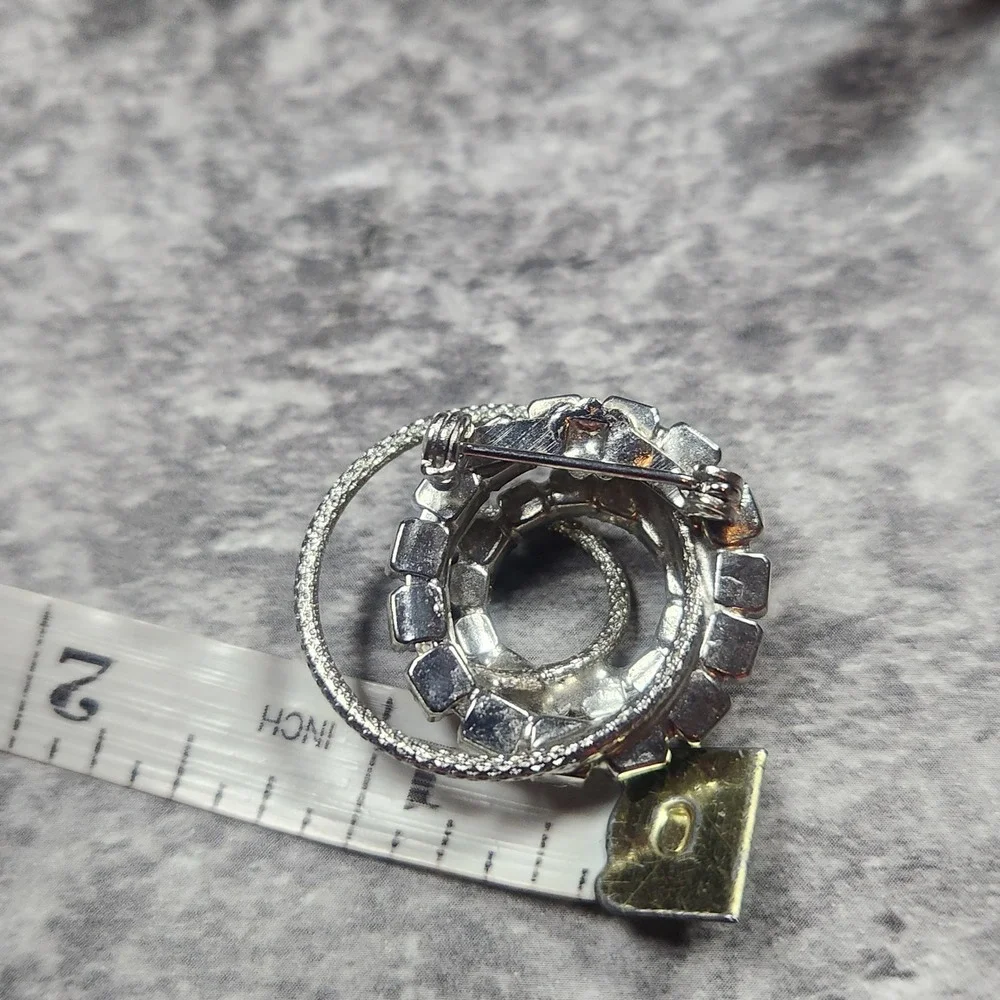 Vintage Silver Tone Swirl Brooch Smoky Rhinestone Spiral Pin 1.25 Inch